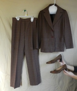 In honor of Anchorman 2 - a 1970s burgundy woman's pantsuit, two pieces of double-knit polyester goodness. Shown with suede heeled loafers, 1970s. 
